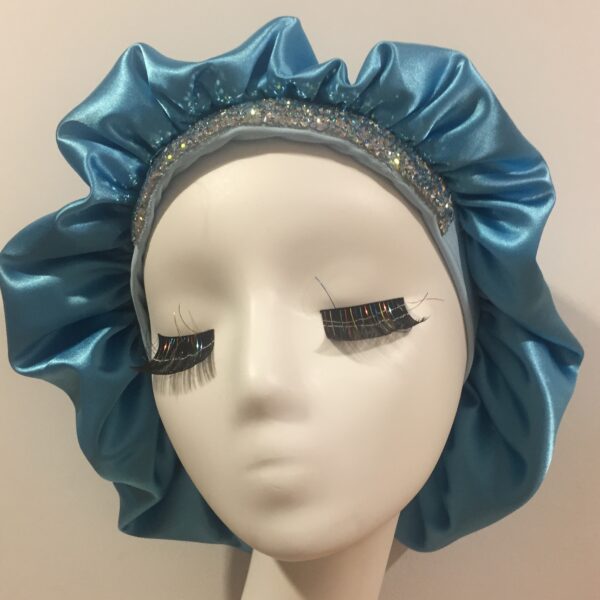 Bonnet Satin Bonnet With Bling Rhinestone Elastic Band(lake Blue)