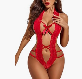 Bodysuit Lace Babydoll With Deep V Halter Lingerie(red)