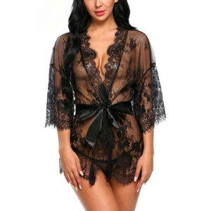 Lace Kimono Robe Babydoll Lingerie Mesh Nightgown For Women(black)