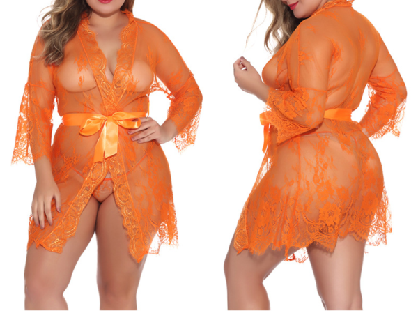 Lace Kimono Robe Babydoll Lingerie Mesh Nightgown For Women(orange)