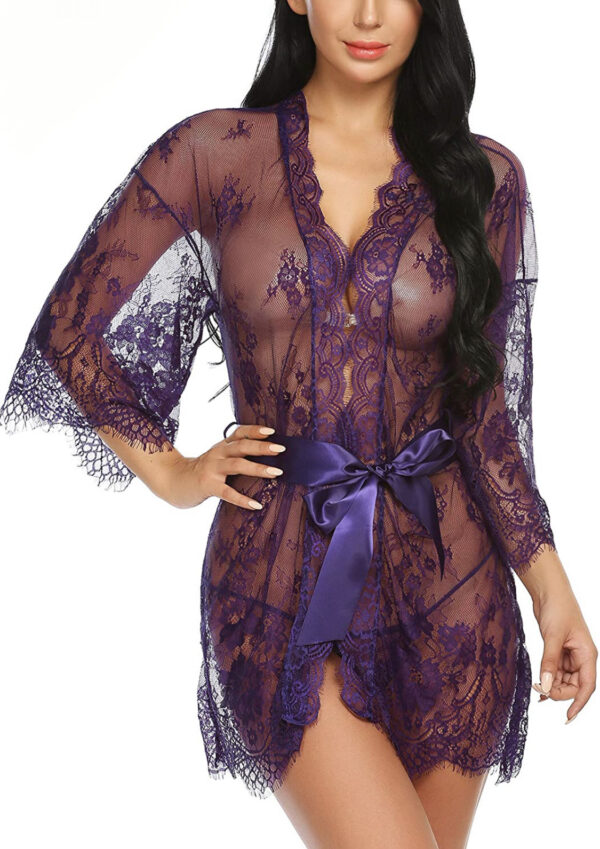 Lace Kimono Robe Babydoll Lingerie Mesh Nightgown For Women(purple)