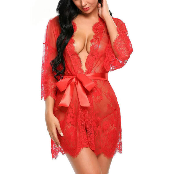 Lace Kimono Robe Babydoll Lingerie Mesh Nightgown For Women(red)