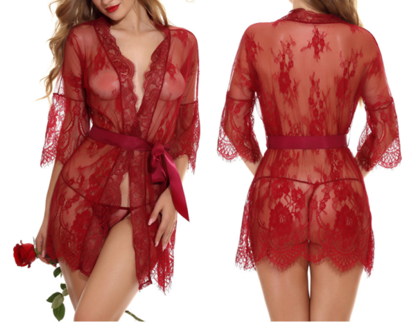 Lace Kimono Robe Babydoll Lingerie Mesh Nightgown For Women(wine)